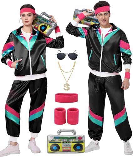 80er Jahre Outfit Herren Damen Kostüm Trainingsanzug Pop Art Retro Stil Kostüm Accessoires set mit Aufblasbares Radio Sonnenbrille Halskette Schweißband set für Mottoparty Fasching Schwarz 15XXL