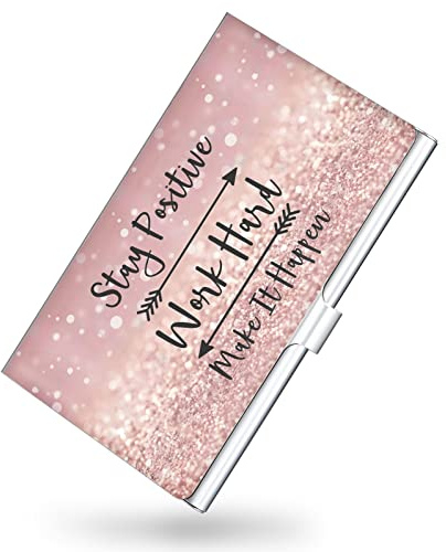 xiviers Business Card Holder，Color Printing Men's and Women's Business Card Case，Ultra-thin Metal Business Card Organizer，Carry-on Pocket Wallet Business Card Holder,Pink letters