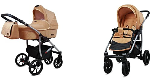 BabyLux Qbaro 2-in-1 Baby Kinderwagen Tief und Kinderwagen mit Zubehör Verstellbar und faltbar Aluminiumkonstruktion Wasserdicht Nicht abnehmbare Räder Chili
