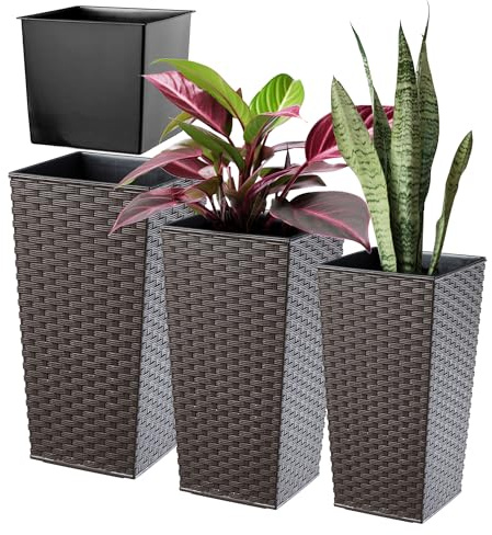 KADAX Maceteros Altos para Plantas de Interior y Exterior, Macetas de Plástico, Jardineras Altas (Imitación Ratán, Marrón, 46.5 cm, 57 cm y 68 cm)