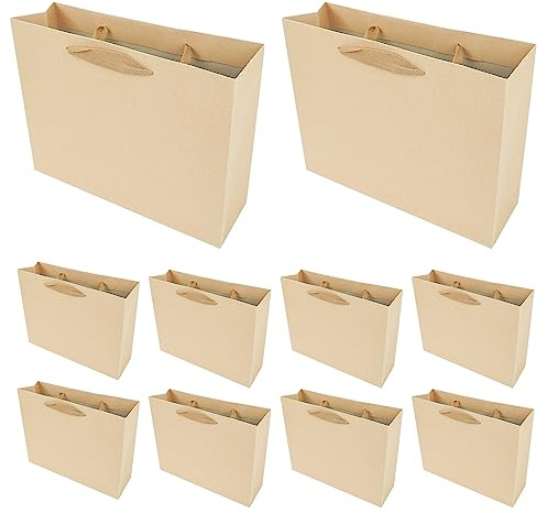 PACK4YA Papier-Geschenktüten mit Schleifenband, Geschenktüte mit Henkel für Geburtstag, Hochzeit, Weihnachtsfeier, Einkaufen, Babyparty 27x8x21 cm (Braun, 10 Stück)