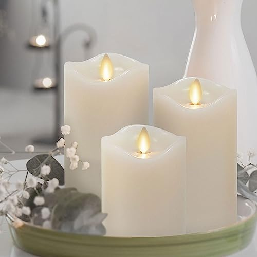 Matchless Candle Co. by Luminara Set of 3 Flameless LED Flickering Moving Flame Pillars (3 x 4.5, 5.5, 6.5), Melted Unscented Real Wax Edge w/Smooth Finish, AA Battery Operated, Pearl Ivory