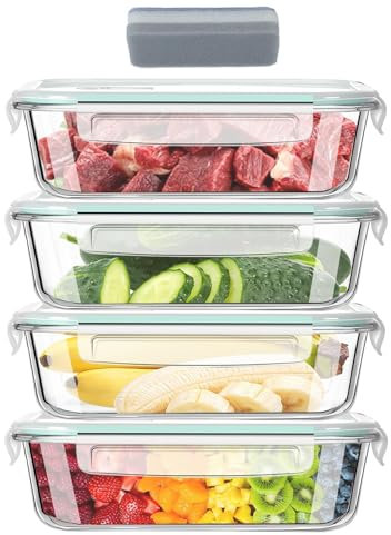 Hcrvvi Glass Food Storage Container Set, Transparent Containers With Airtight Lids Containers, BPA Free, Meal Prep, Set of 4, 1040 ml Each, 1 Cleaning Sponges