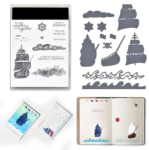 Stempel und Stanzen set, Metallstempel und Stanzformen für die Kartenherstellung Clear Stamps mit Stempelblock DIY Kunst Handwerk für Weihnachten, Thanksgiving, Halloween (Segelboot)