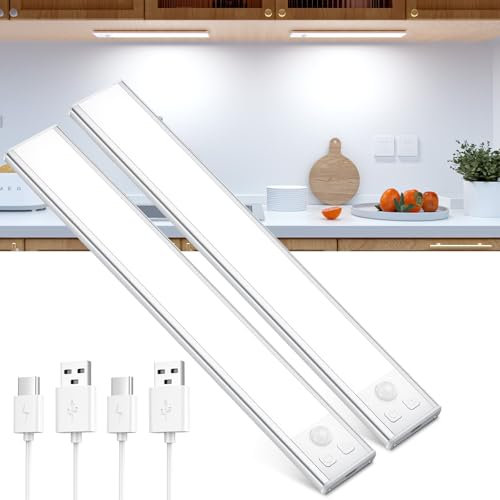 OUILA Unterbauleuchte Küche LED Schrankbeleuchtung mit Bewegungsmelder USB-C wiederaufladbar LED-Licht Dimmbar kabellos Nachtlicht für Küche Kleiderschrank Schrank 20.5CM 2 Stück
