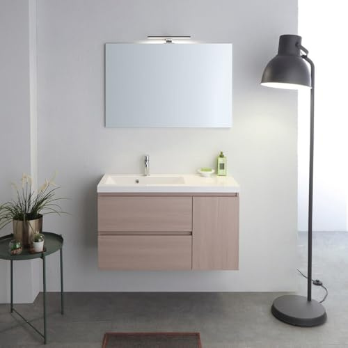 Kiamami Valentina Mobile Bagno Sospeso 90 Cm Olmo Con Lavabo Sinistra | Base 90x54x39 cm, 2 cassetti 1 anta, lavabo asimmetrico in resina, specchio 90x60 cm, finitura effetto legno