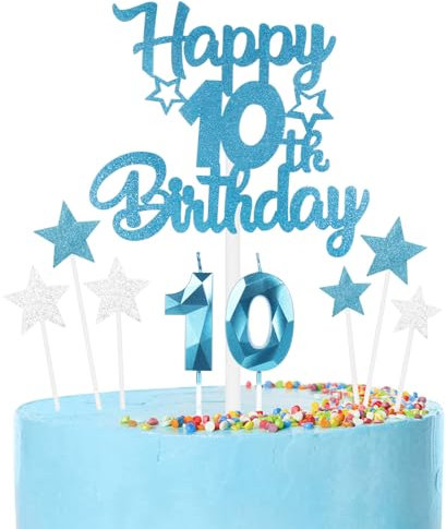 mciskin blaue zum 10. Geburtstagskerzen Kuchentoppe Set, zum 10.Geburtstag Dekor für Jungen,Zahl 10 kerzen für Kuchen,blaue silber Kuchentoppe mit Stern für Mädchen und Jungen Geburtstag Partei