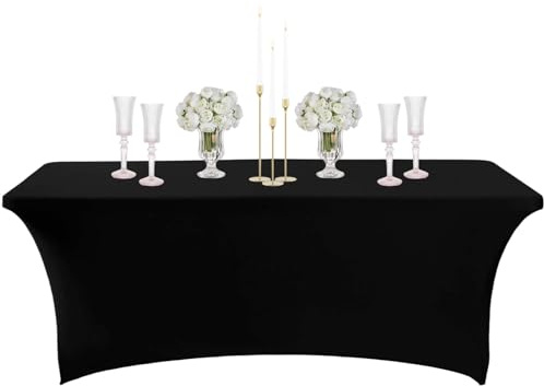 COSORO 6ft Spandex Tablecloths Stretchable Tablecloth Black for Rectangle Table,Washable Fitted Table Cloth Spandex Stretch Patio Table Cover for Event,Wedding,Banquet,Halloween Party,Covering Stalls