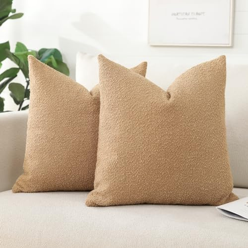 Artscope Förpackning med 2 texturerade Boucle kuddfodral fyrkantiga kuddöverdrag mysiga mjuka dekorativa soffkuddfodral för stol soffa sovrum vardagsrum heminredning 50 x 50 cm, tobak