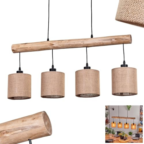 HOFSTEIN Pendelleuchte Soungou, moderne Hängelampe aus Holz/Metall/Leinen in Natur/Schwarz/Beige, 4-flammige Hängeleuchte im skandinavischen Design, Höhe max. 135 cm, 4 x E27, Esszimmer, Wohnzimmer