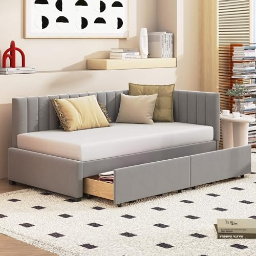 HYUB Polsterbett Schlafsofa 90x200cm mit Stauraum, Jugendbett Tagesbett mit Lattenrost und Schubladen, Gästebett für Wohnzimmer Schlafzimmer, Hautfreundlicher Samtstoff, ohne Matratze, Grau