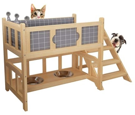 ppARK Haustierbett Hundebett aus Holz mit abnehmbarem Kissen/Stufen für kleine und mittelgroße Hundehütten im Innen- und Außenbereich