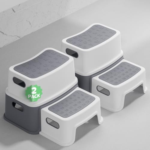 DEANIC Tritthocker Kinder, Kinderhocker Hocker Bad 2 Stufen, Klohocker WC Toilette ab 1 Jahr, Anti-Kipp und Anti-Rutsch Badhocke Badezimmer Baby Toiletten (2er-Pack, Grau)