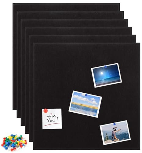 VIDETOL 6 Stück Filz Pinnwand Selbstklebend, 30 x 30 cm Korkwand Pinnwand Kork, 9 mm Dick Korkmatte, Schwarz Filz Selbstklebend für Wanddekoration und DIY-Projekte