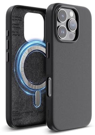 elago Magnetisch Leder Hülle Kompatibel mit iPhone 16 Pro Hülle 6,3 Zoll, Kompatibel mit Allen MagSafe Zubehör, Eingebaute Magnete, Veganes Leder, Stöße, Wasserfest (Schwarz)