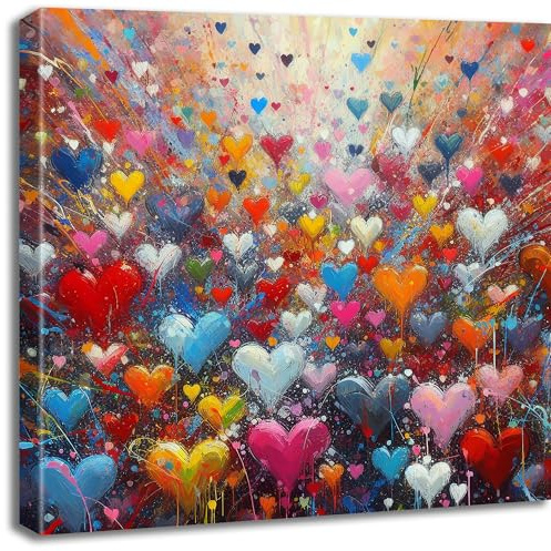 Bunte Herzen und viel Liebe - Pop Art Leinwandbild - Premium Druck auf Leinwand, verschiedene Formate - aufhängfertig (100 x 100 cm)