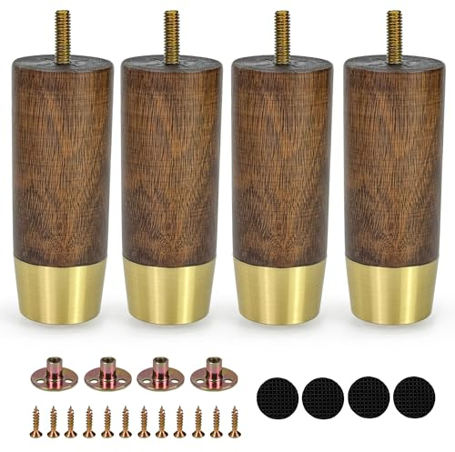 Vilanca 12cm Wooden Furniture Legs with Gold Cap Set of 4 Sofa Replacement Solid Wood Furniture Feet for Armchair Couch Cabinet Dresser Ottoman TV Stand Bed Legs (5inch)
