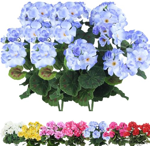 Künstliche Geranien, 35,6 cm, Seiden-Geranie, UV-beständig, kein Verblassen, Kunstblumen, volle Blüten, Seidenblumensträucher für Innen- und Außendekoration, 4 Stück, Blau