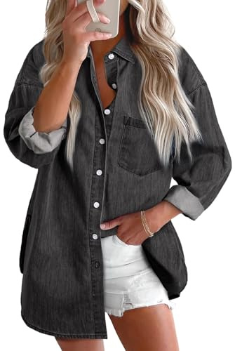 BTFONIA Chemisier boutonné à Manches Longues et col en V for Femme Haut décontracté en Jean(Gray,3XL)