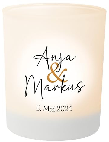 Jahrestag Geschenk: Teelichtglas personalisiert mit Namen & Datum – personalisierte Geschenke zur Hochzeit, Jubiläumsgeschenk, Dekoration – Teelichthalter Windlicht ca. 8,5 cm hoch (Design 1)