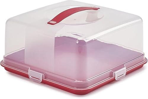 ZOPPER Red Large Square Plastic Cake Box With Lockable Lid, Carry Handles | Portable Cake Carrier Storage Container, Fits 11 Inch, Ideal for Cookies