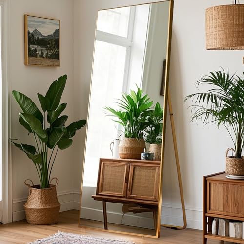 Aplancee Espejo de pie de 180 x 80 cm, grande, espejo de pared con marco de metal dorado para apoyarse o colgar en la pared, espejo de suelo para dormitorio, salón y vestidor