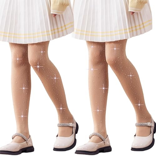 DANUOKU 2-Pack Collant con Strass per Ragazze, Collant da Balletto per Bambine, Collant Bianchi per Ragazze, Età 6-12, Nude, 6-8 Years