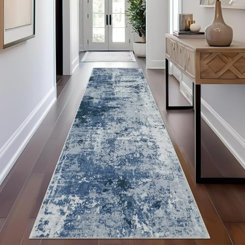 Cekene Carpet Runners for Hallways Non-slip Long Blue 65x240cm Washable Kitchen Rug Distressed Hallway Runner Mat Thin Low Pile Floor Carpet for Entrance Bathroom Laundry Bedroom