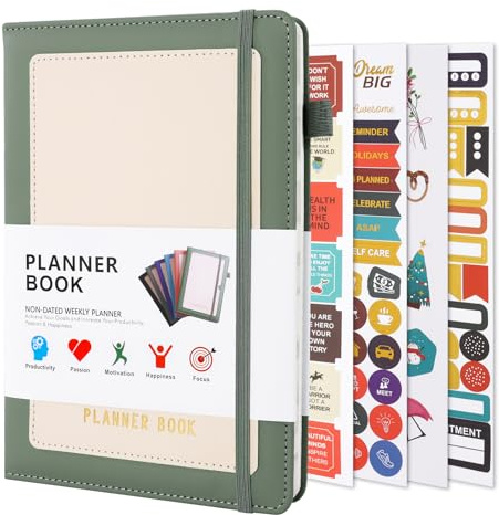 Agenda Semainier A5 Planificateur Hebdomadaire Weekly Planner, Couverture Rigide en PU Cuir avec Stickers et Ruban Signet Commencer à Tout Moment pour Scolaire Bureau Vert