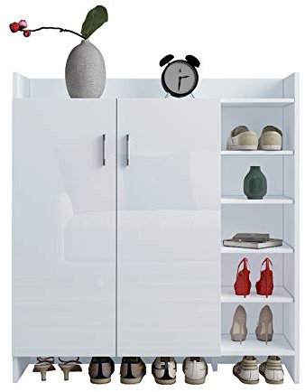 Chebinsiti Shoe Cabinet, High Gloss Front Shoe Storage Cupboard with 2 Doors and 4 Adjustable Open Shelves for Hallway Living Room, Wooden Freestanding White