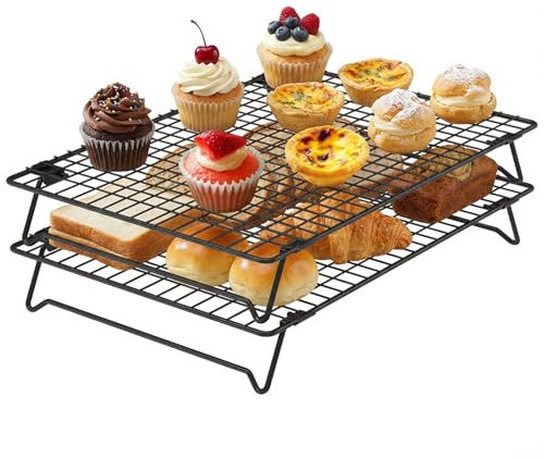 VMBQRTI 13.4 × 9.4 Stackable Cupcakes Cooling Racks – 2-Pack Nonstick Carbon Steel Baking Racks with Collapsible Legs, Cooking Rack Perfect for Cooking, Roasting, Grilling, Drying & Cooling Cookies