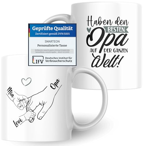SMARTEON Tasse personalisiert | Kinderhände mit Namen und Spruch als individuelles Geschen, Andenken oder Fotogeschenk für Großvater und Enkel, Bedruckte Tasse (Opa)