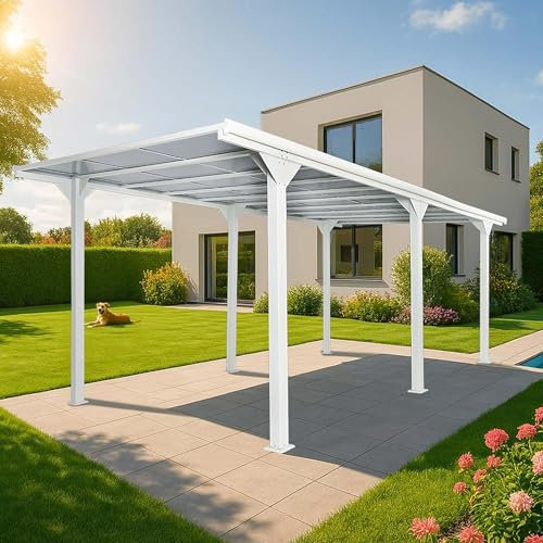 Alu-Pergola HWC-O23, Pavillon Terrassenüberdachung, stabiles 10cm-Gestell Polycarbonat-Dach Regenrinne 3x6m - weiß