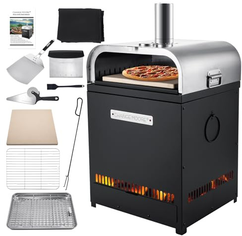 CHANGEMOORE Outdoor Wood Fired Pizza Oven Grill Top & Fire Pit, Built-in Thermometer, Suitable on Charcoal and Gas Barbecue Grills, Cordierite Stone Included, BBQ Charcoal Tray, Dust Cover