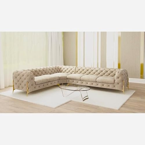 Snooze Chesterfield Corner Sofa – 4 to 6 Seater L-Shaped Tufted Plush Velvet Chaise Lounge, Left/Right Hand Facing with Deep Button and Sturdy Legs (Cream Plush, 6 Seater Left Hand Corner)