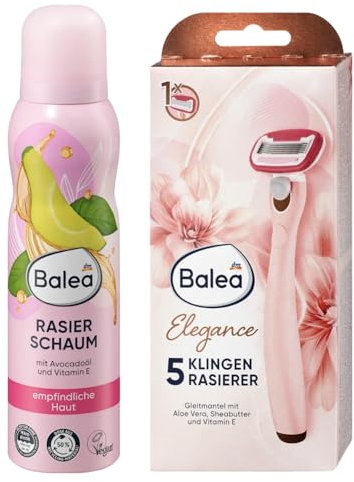 Balea Rasier 2er-Set : Rasierschaum Avocadoöl & Vitamin E, 150 ml + Balea Rasierer 5-Klingen Elegance, 1 St + Bonus: Silikonschwamm für glatte, gepflegte Haut