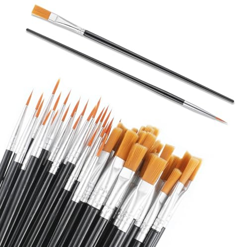 40 Stück Pinsel Set, 20 Flache und 20 Runde Künstlerpinsel für Acryl, Ölfarben, Aquarell Gesichtsmalerei, Kunstmalerei und Details Präzisionspinsel für Leinwand, Stein, Basteln, Schule (Schwarz)