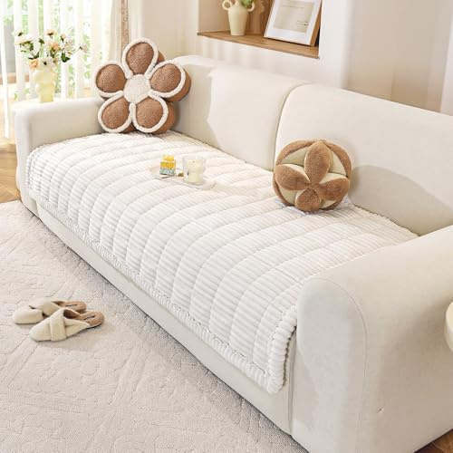 TANTEC Extra Dicker Sofabezug Waschbar, Weiß, 90 x 210 cm | Rutschfester Couchüberzug, Kuscheliger Sofaüberwurf mit Haustierschutz für Hunde & Katzen, Für 2 3 4 Sitzer Sofa, Wohnzimmer