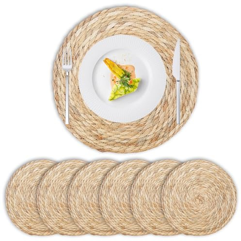 Set di 6 tovagliette rotonde intrecciate in giacinto d'acqua: 30 cm, tovagliette rotonde fatte a mano, sottobicchieri decorativi intrecciati, resistenti al calore, per piatti caldi, sala da pranzo