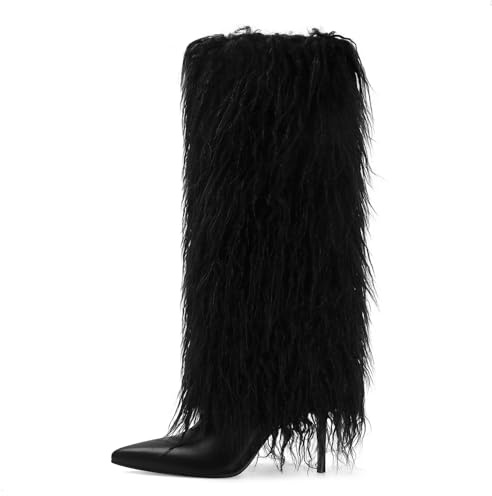 XBKXMK Black Fur Knee High Boots for Women Pointed Toe Stiletto Heel Fold Over Tall Boots Fashion Wide Calf Pull On Long Booties Casual