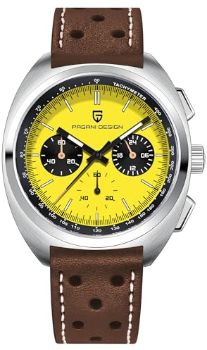 Pagani Design 1782 Reloj de Cuarzo Vintage para Hombres Movimiento VK63 Correa de Cuero Acero Inoxidable Impermeable Cronógrafo Analógico Multifunción (Cuero-Amarillo)
