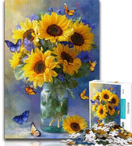 Puzzles pour Adolescents 1000 pièces Tournesols dans Un Vase, Jeu Stimulant et Familial avec des pièces de Formes aléatoires entièrement emboîtables (75x50cm)