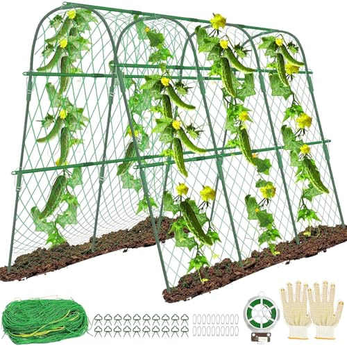 Gurken Rankhilfe 160x120cm Rankgitter Hochbeet U-förmiges Rankgitter Tunnel 2-in-1 Rankhilfe für Gurken & Tomaten Wetterfestes Pflanzenstütze Set für Hochbeet Stabiles Spalier inkl Netz & Zubehör