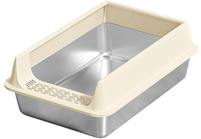 Kattlåda i rostfritt stål, kattsandsbricka i rostfritt stål med skopa halvsluten metall kattsandspanna hög sidig stora ströar för sovsal lägenhet vardagsrum bil, 40 x 30 x 15 cm (kaki)