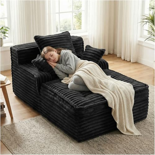 Winzoo 57'' Boneless Chaise Lounge Chair Indoor, Corduroy Small Boneless Sleeper Sofa with 3 Pillows & Wide Armrest, Fluffy Comfy Chase Lounge Indoor, Compression Boneless Couch for Living Room
