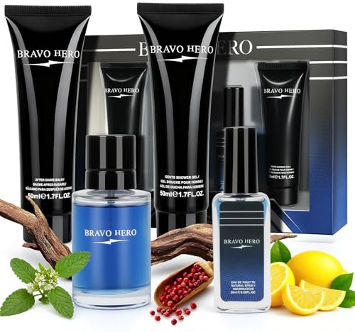 Sats av 4 herrparfymer med eau de toilette 50 ml, duschgel 50 ml, aftershave 50 ml och kroppsspruta 20 ml, hudvårdssats för herr, födelsedagspresent