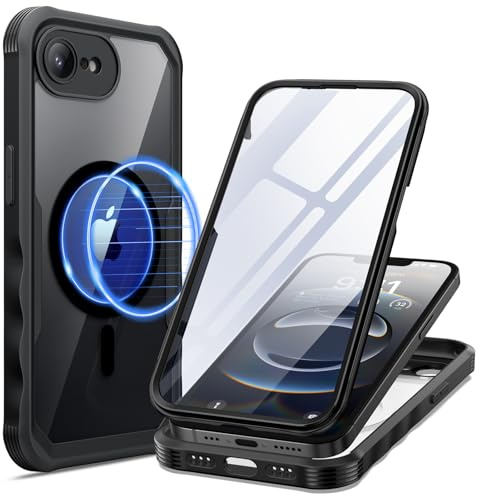 seacosmo Hülle für iPhone 16E/17E Hülle [Kompatibel mit MagSafe], Eingebaut 9H Panzerglas Displayschutz & Kamera Schutzfolie, 360 Grad Schutzhülle Full Body Militärschutz Stoßfest Handyhülle -Schwarz