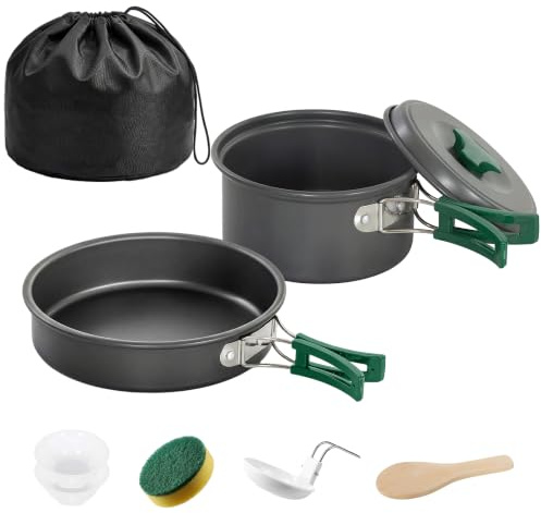 Outsunny Camping Kochgeschirr Set Anti-Verbrühungsgriffen 8-teilig Grau | Outdoor Geschirr Set, Schnell Erhitzend, Topf, Pfanne, Kochtopf, für 2 Personen, für Outdoor Wandern Picknick BBQ