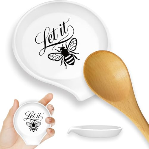 PRESSINART Descanso de Cuchara de Cerámica para la Estufa de 3.4 x 3.4 x 0.7 Pulgadas Soporte para Cucharas En la Encimera con Diseño de Abejas Blancas Soporte para Utensilios de Cocina Moderno para