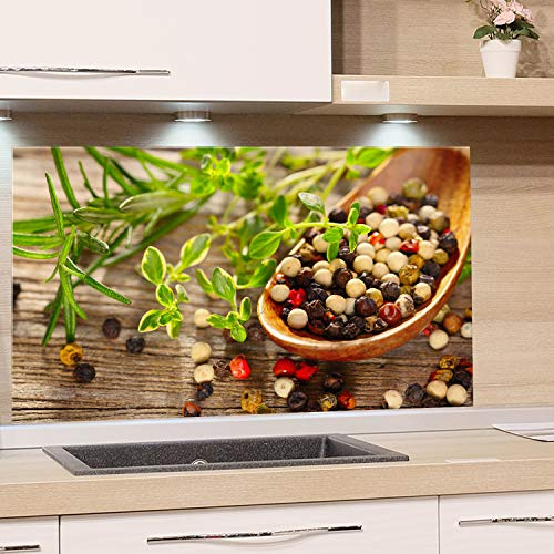 GRAZDesign Spritzschutz Glas für Küche Herd, Bild-Motiv Kräuter Gewürze im Löffel mediterran, Küchenrückwand Küchenspiegel Glasrückwand Herdblende 4mm ESG Glas / 100x50cm